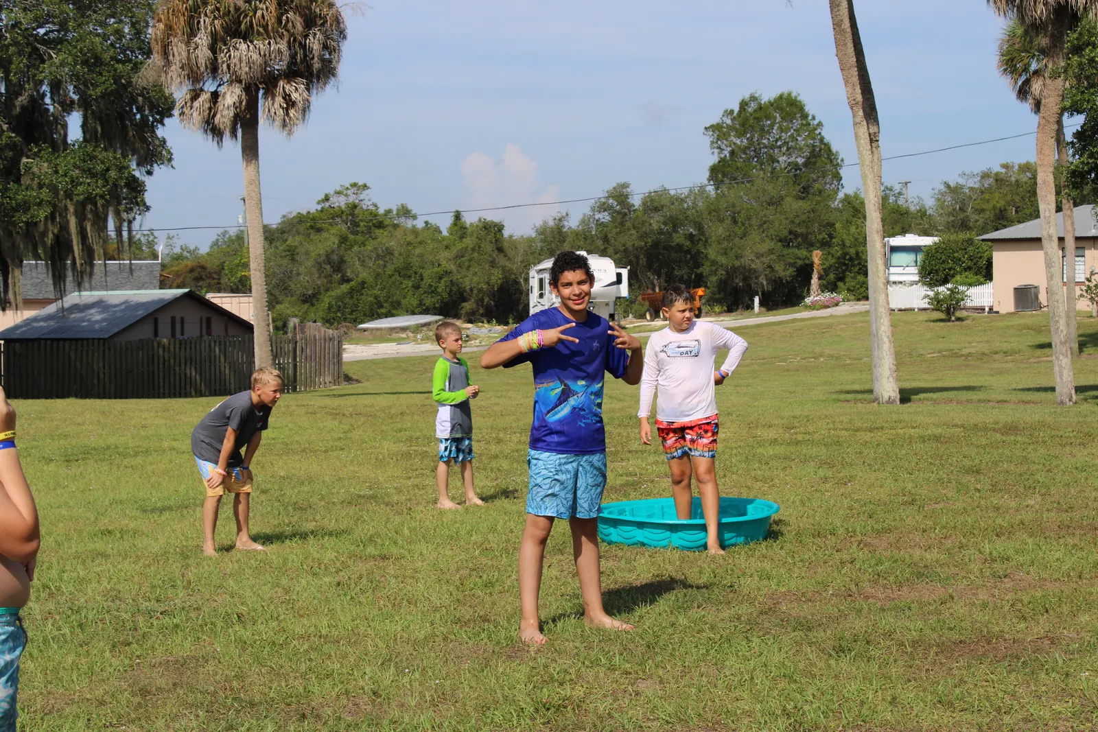 A water relay race on the field